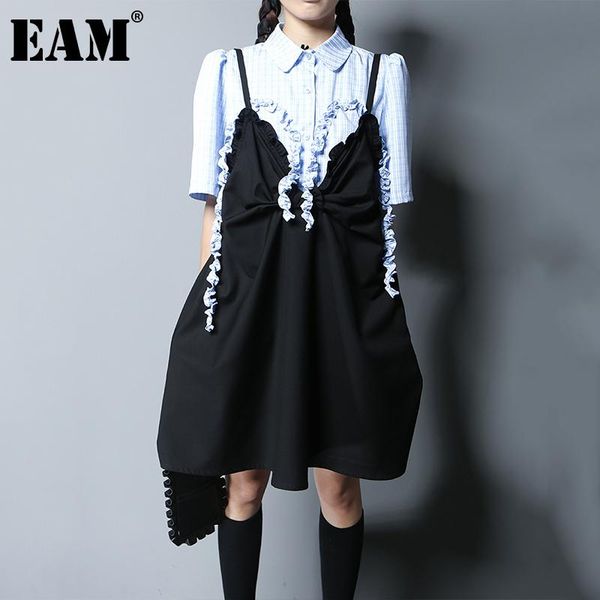 

casual dresses [eam] women black bow pleated hollow out dress v-neck sleeveless loose fit fashion tide spring summer 2021 1dd9143, Black;gray