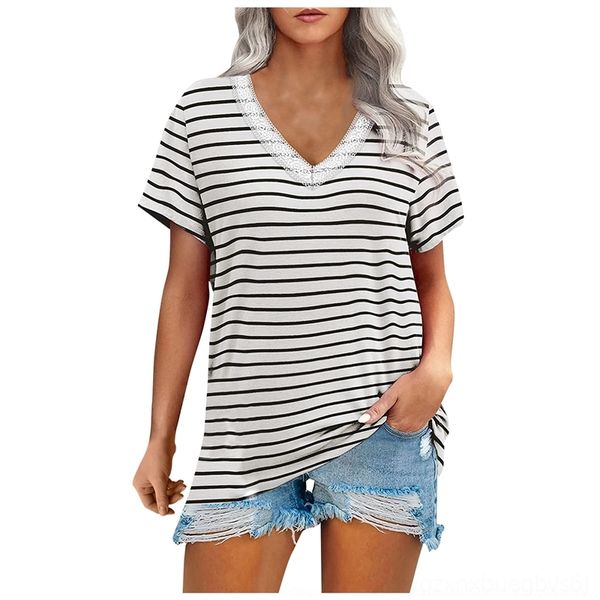 

2p3 2021 summer t-shirt llovernew temperament commuting loose women's t-shirt stripe v-neck short sleeve 2021 women's summer pullo, White