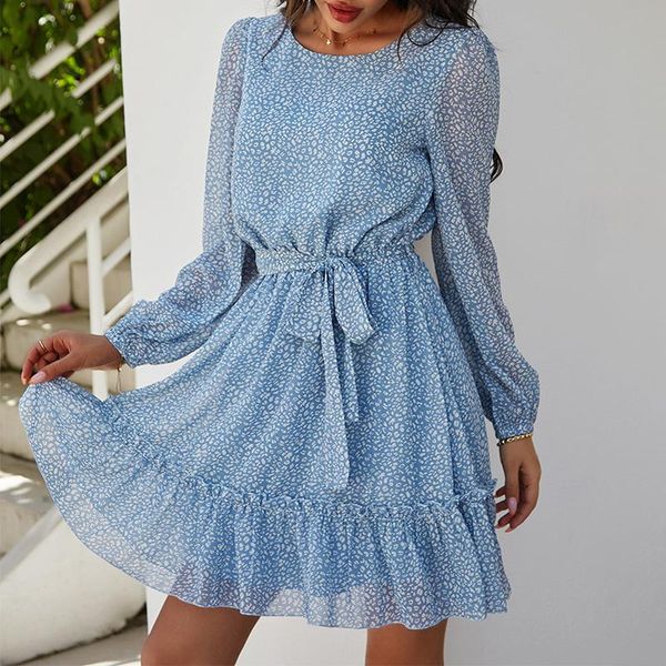 

casual dresses long sleeve o-neck floral print dress elegant lace-up high waist autumn women fashion ruffled a-line short, Black;gray