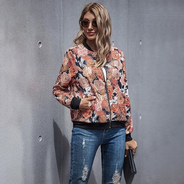 

women's jackets spring autumn women crop jacket vintage floral print zipper bomber coat female biker outwear long sleeve plus size 2021, Black;brown