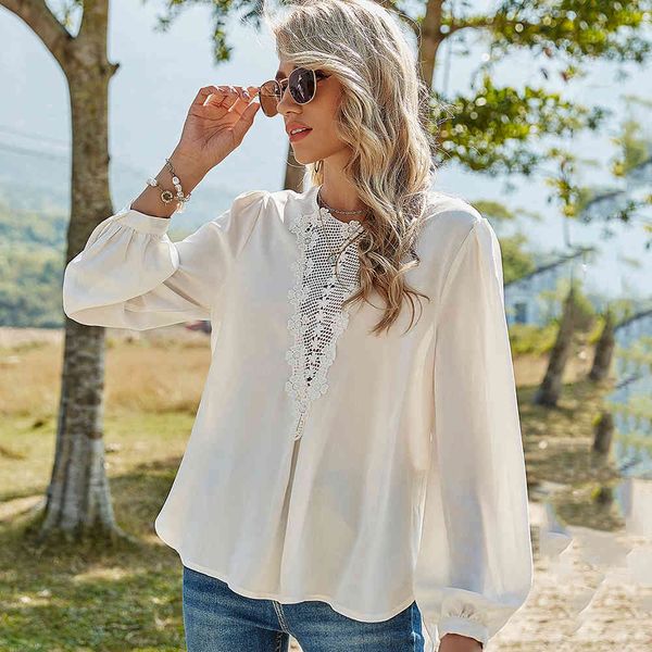

shorts white patchwork hollow out shirts for women 2021 spring lantern sleeve o neck ladies casual vintage pullover and blouses, White;black
