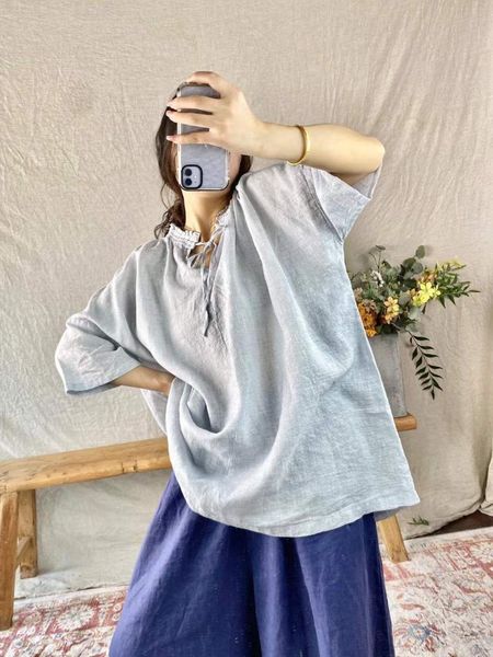

women's blouses & shirts large size pullovers women shirt summer loose retro 2021 blouse o-neck drawstring short sleeve casual, White