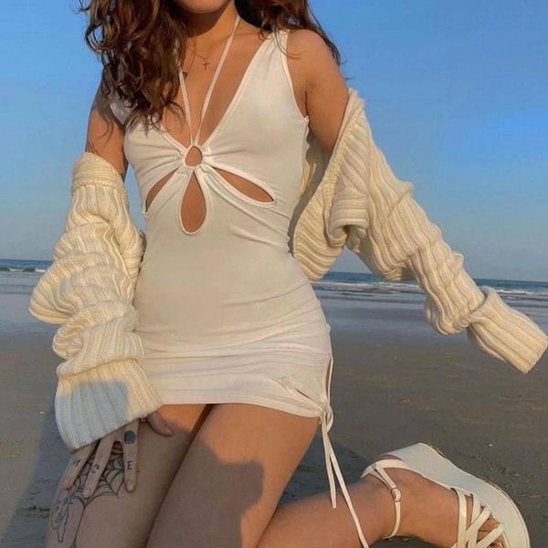 

casual dresses summer fashion hollow out tight women dress halter sleeveless female beach style mini short comfortable holiday clothes, Black;gray