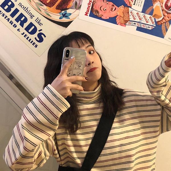 

women's t-shirt autumn pile collar striped long sleeve base ride, White