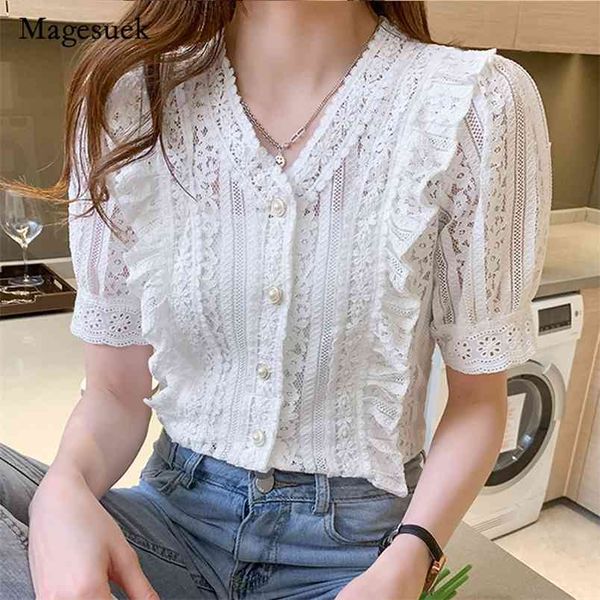 Verão v-pescoço oco rendas crochet blusa mulheres sólida babados mulher camisa puff manga curta top roupas femininas blusas 13990 210512