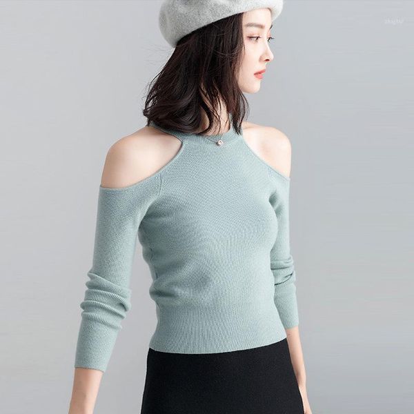 

women's sweaters long sleeve shirt dress 2021 hollow-out sweater that show a shoulder neck hung cultivate one's morality, White;black