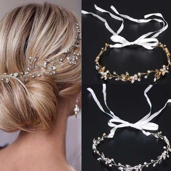 

hair accessories bride crystal leaf vine pearl crown bridesmaid long headband rhinestone wedding for women girls jewelry, Slivery;white