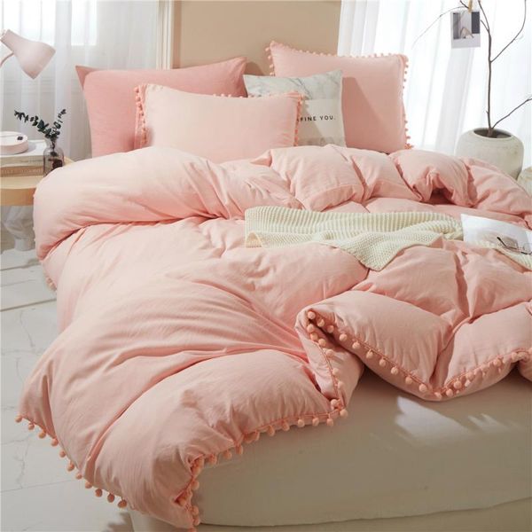 Set biancheria da letto Set bianco rosa con decorazione a sfera lavata Tessuto in microfibra 3-p = Copripiumino federa confortevole