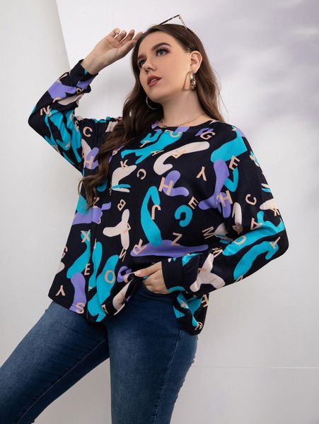 

plus letter graphic drop shoulder pullover n6lk#, Black