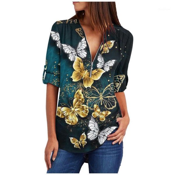 

women's blouses & shirts womens butterfly print v neck zip up blouse long sleeve printing cuffed pleated shirt and camisas, White