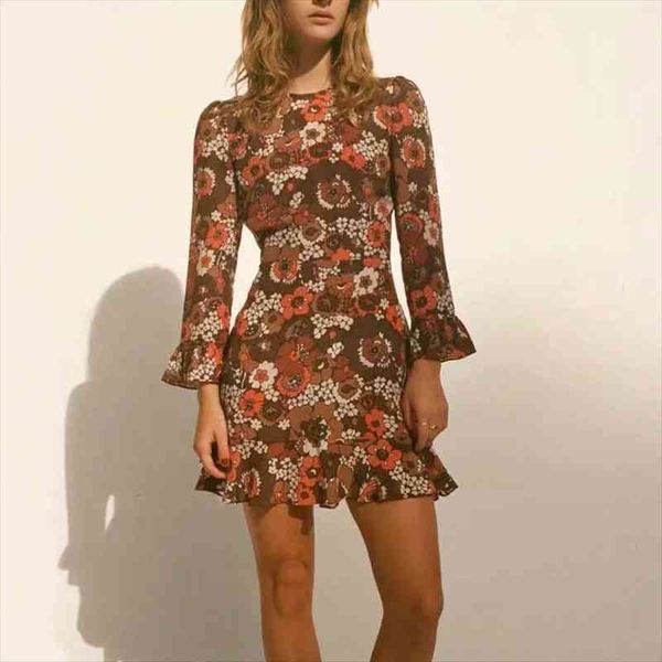 

frill hem mini dress women tank in brown floral print chiffon, White