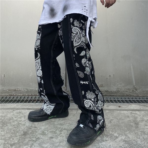 

men's jeans wff printout brem pants men and women streetwear straight washed harajuku loose brim torn for man 3tg9, Blue