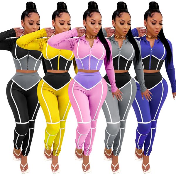 

sportwear patchwork set long sleeve zipper jogger pant tracksuits fitness two piece outfits matching, Gray