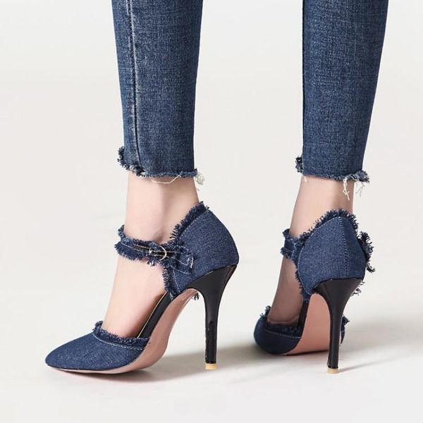

spring korean fashion word with denim edging shallow mouth shoes women's high heels hollow pointed sandals, Black