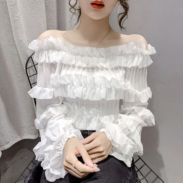 

women's blouses & shirts off- shoulder shirt 2021 spring and summer long sleeve ruffled white chiffon fashion casual women 's clot