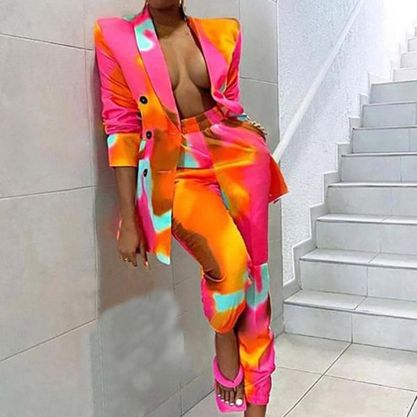 

women's two piece pants lady blazer suit cardigan colorful printed leisure right angle shoulder tie dye for autumn, White