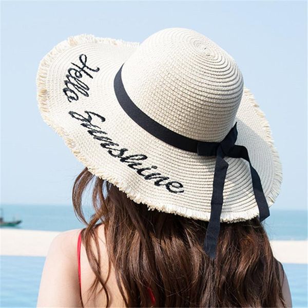 

wide brim hats hand-woven letter sun hat women black ribbon lace large eaves straw outdoor beach summer, Blue;gray