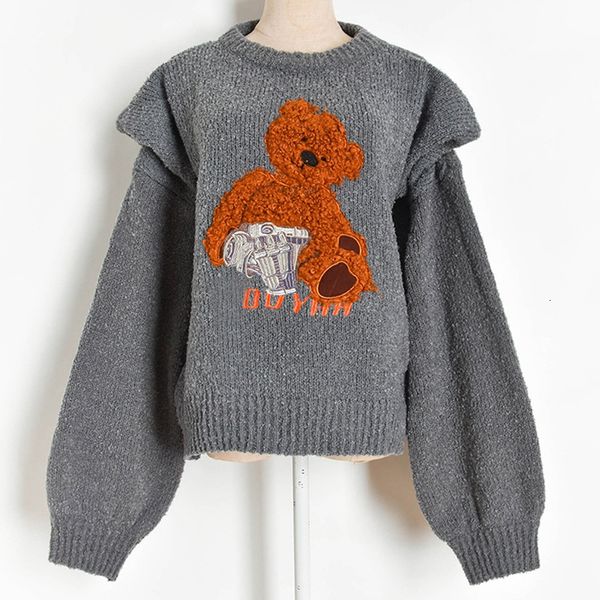 

women's sweaters winter new style loose lazy gray lantern sleeve shoulder pads cartoon bear knitted sweater pullover fashion women, White;black