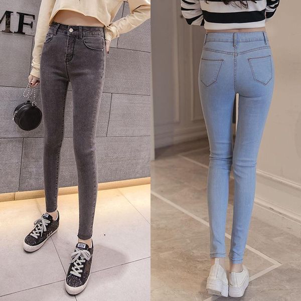 

women's jeans stretch autumn and winter all-match tight pencil pants high waist cropped large size for girl, Blue