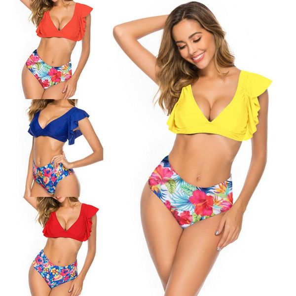 

women's swimwear 2021 summer bikini split solid color floral ruffled v-neck halter high waist swimsuit ladies party beachwear, White;black