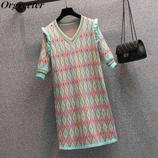 

summer new beading rhombus lattice stitching knitted dress for women v-neck ruffles short sleeve loose sweater dress g1214, Black;gray