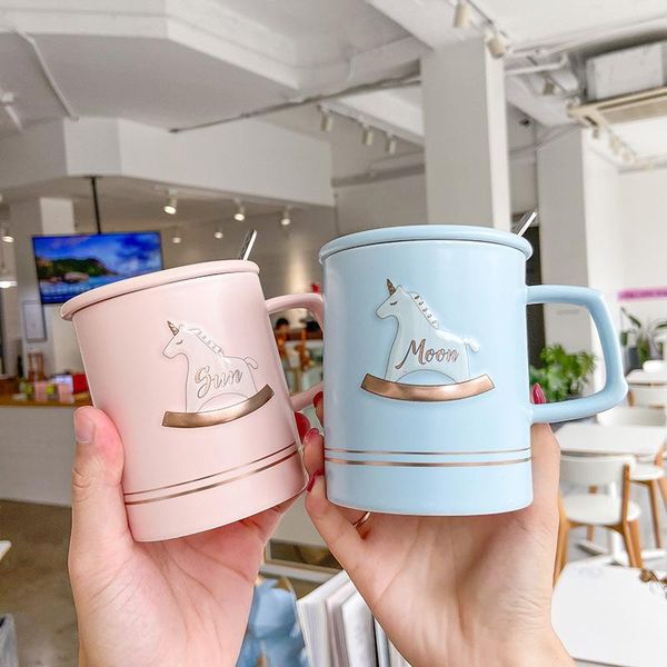 

mugs 1 piece of gift mug cartoon style 3d embossed cute wooden horse ceramic with cover & spoon set water coffee