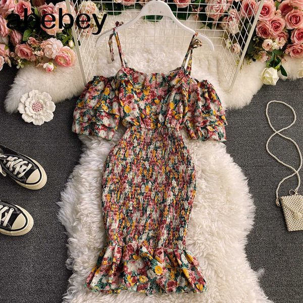 

fashion package hips bodycon dress women summer high waist ruffled party floral print chiffon dress 210715, Black;gray