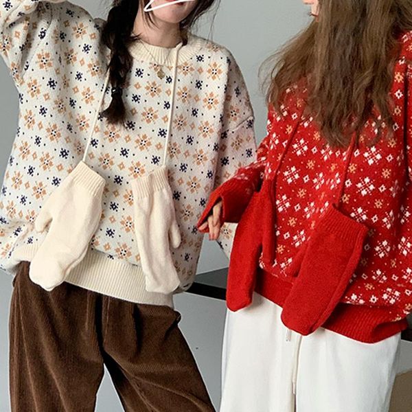

women's sweaters fall 2021 women sweater floral red beige pullovers o-neck knitted vintage cute sweet casual fashion with gloves, White;black