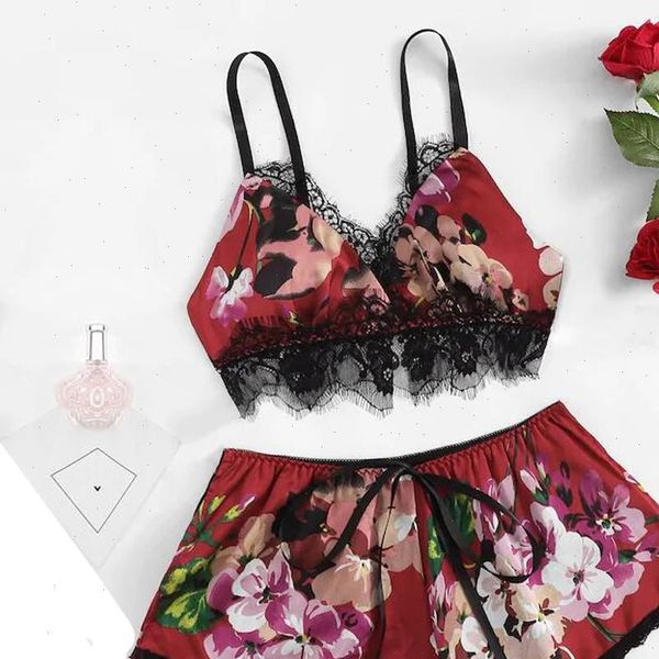 

fashion pyjamas lace women sleepwear satin trim floral bow lingerie set pajamas babydoll pijama seda mujer, Black;red