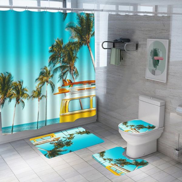 

shower curtains sea beach 3d print curtain set waterproof washable polyester bath anti-slip rugs toilet lid cover mat