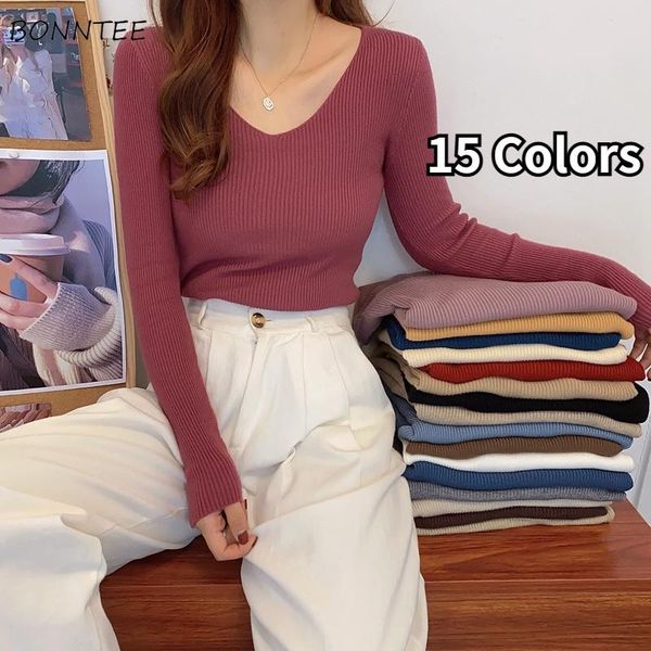 

women's sweaters pullovers women v-neck inside design solid slim casual all-match spring autumn ins ulzzang chic femme comfortable, White;black