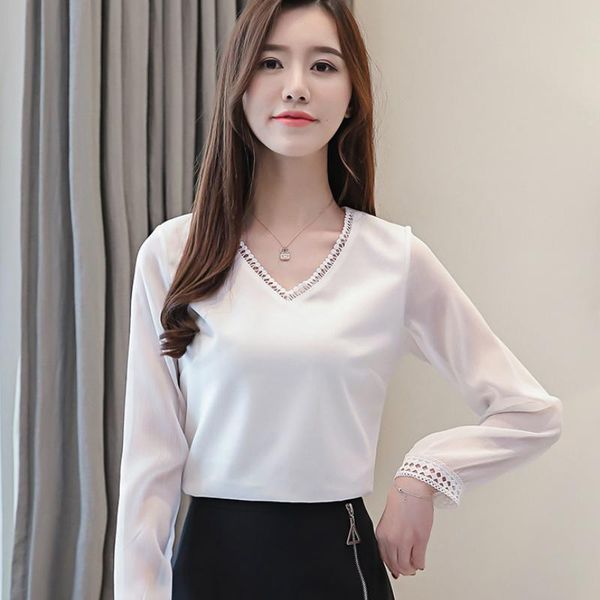

women's blouses & shirts solid color blusas femininas women chiffon mujer fashion woman 2021 long sleeve v collar office blouse, White