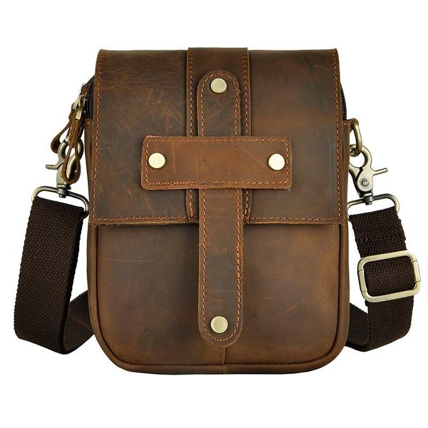 

retro small waist belt bag packs oil wax genuine cow leather travel fanny pack vintage 8 inches dark brown men messenger bags