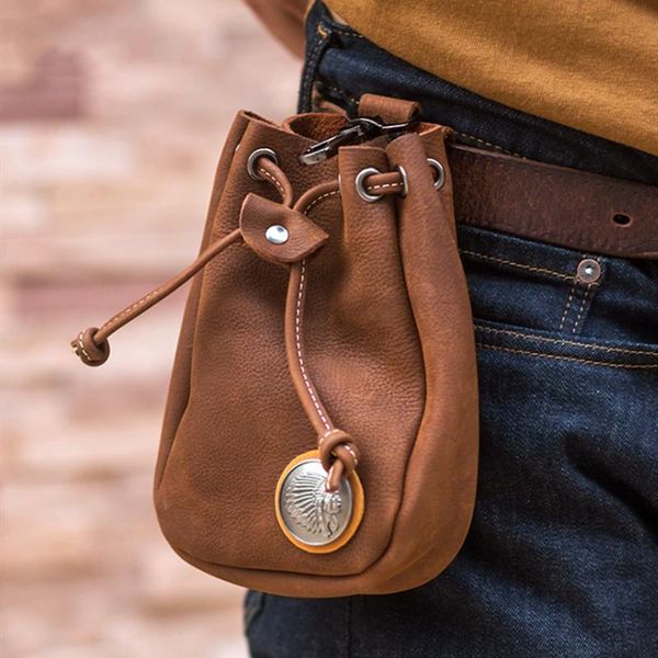 

waist bags vintage genuine leather soft bag cowhide belt pack coin purse money pocket card holder drawstring storage wallet