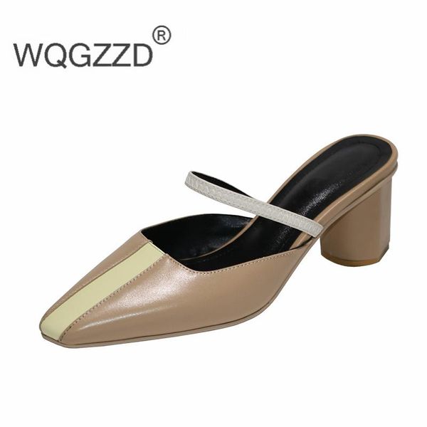 

slippers 2021 summer women mules shoes genuine leather high heels slides, Black