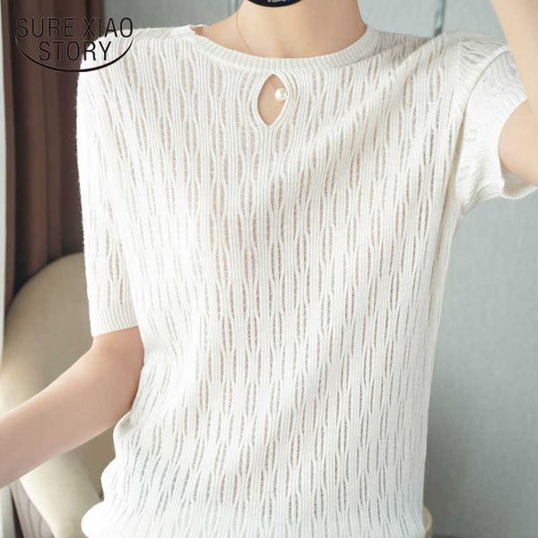 

summer short sleeve women's loose thin pullover worsted fashion bottoming round neck hollow knitted wool shirt 14649 210527, White
