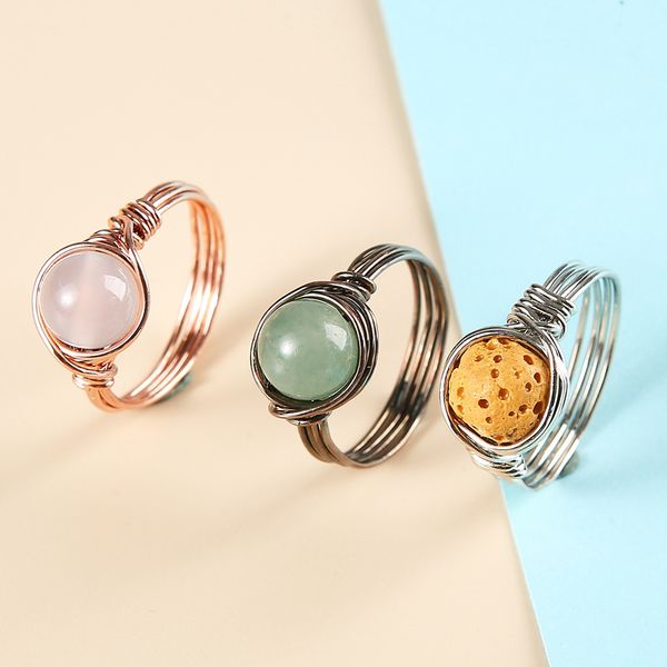 

handmade retro vintage copper wire wrapped oval gem stone healing crystal diy finger rings stone rings women, Silver