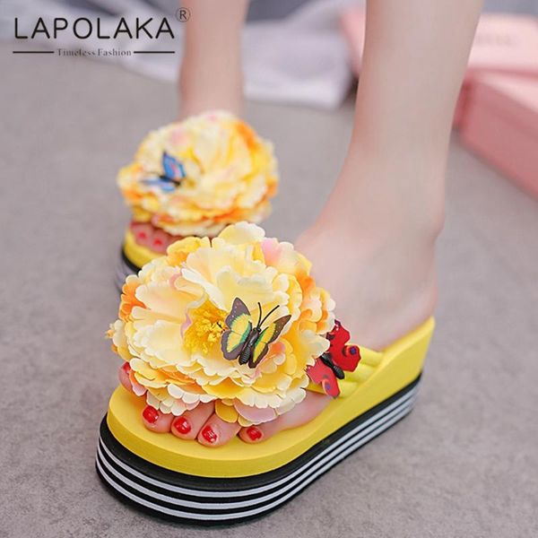 

slippers lapolaka 2021 fashion summer woman shoes platform sweet flower dropship lady, Black