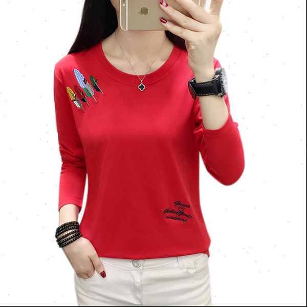 

women t shirt plus size clothes embroidery tshirt long sleeve clothing shirts casual tee femme mujer, White