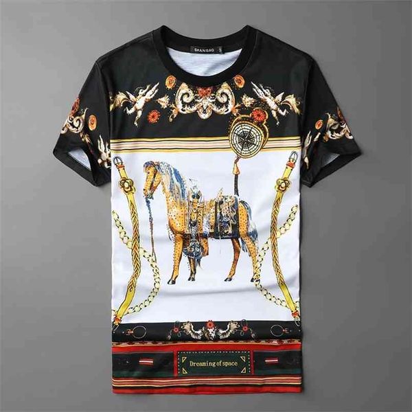 

fashion baroque horse print men t-shirt streetwear op ee spring shirt o-neck camisetas hombre black gold brand 210707, White;black