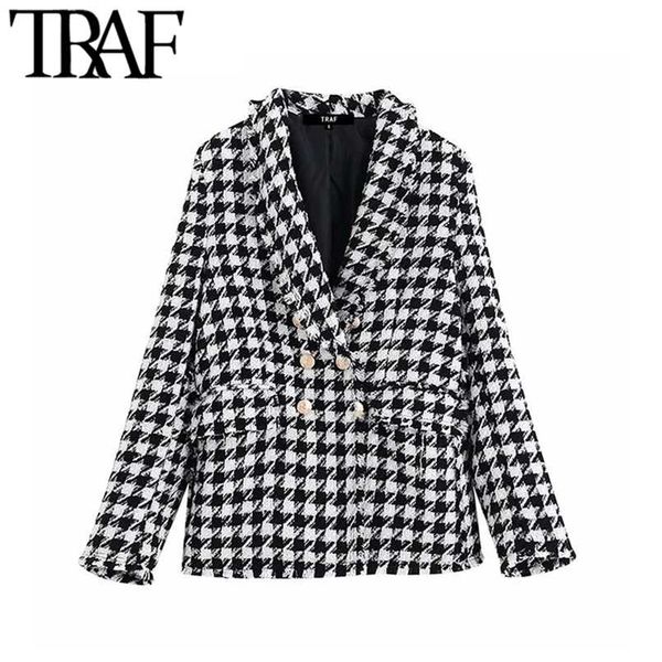 

traf women vintage houndstooth double breasted blazer coat fashion long sleeve frayed trims outerwear chic plaid jacket 210930, White;black