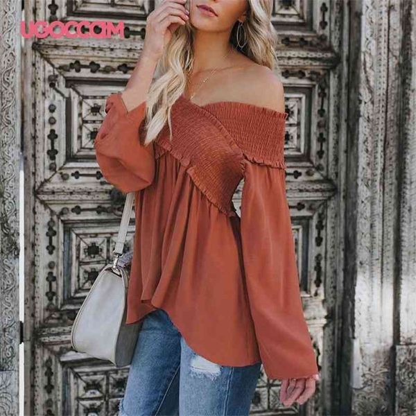 

ugoccam off shoulder women blouses blouse shirt autumn shirts irregular hem shirt plus size summer women shirts ropa mujer 210323, White