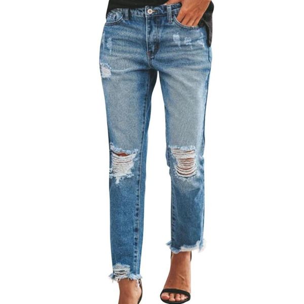

women's jeans comfortable straight pants boyfriend style tight high waist fashion ripped tassels slimming trousers for women, Blue