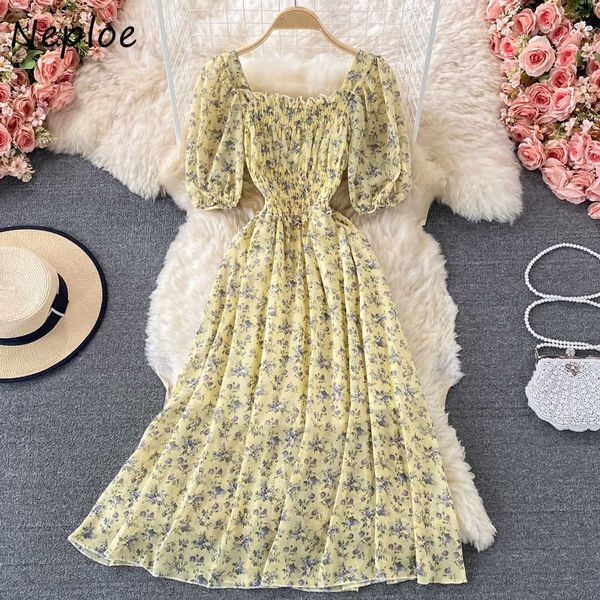 

neploe holiday print bohemian long dress women high wiast hip a line slim vestidos square collar short sleeve print robe summer c0607, Black;gray