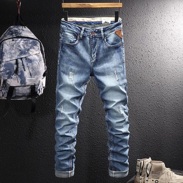 

men's jeans korean style fashion men retro blue elastic slim fit ripped embroidery patchwork designer casual denim pants