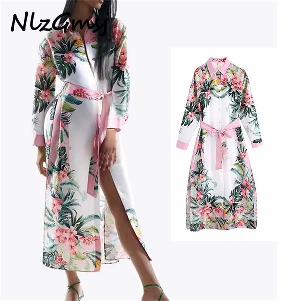 

dres summer fashion print belt midi woman elegant robe long sleeve button casual es 04 210628, Black;gray