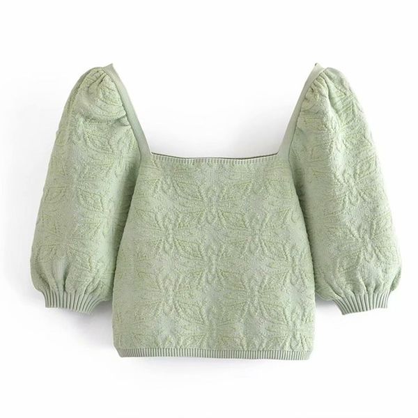 Grüne geometrische Muster gestrickte Frauen Casual Blusen Sommer Mode Puffärmel quadratischer Kragen dünne weibliche Crop Tops 210604