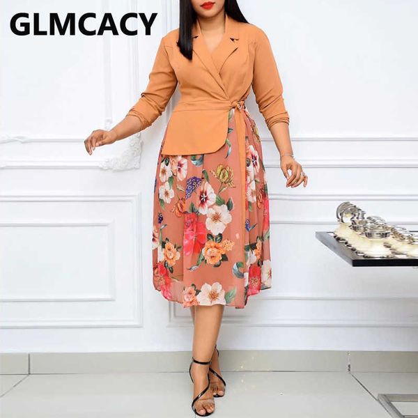 

women long sleeve blazer dress elegant patchwork office ladies floral dresses 210702, Black;gray