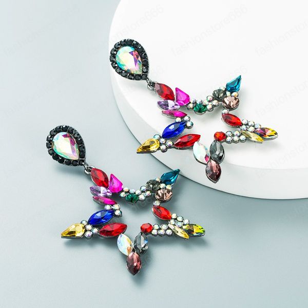 

multi color crystal star dangle earrings luxurious flash gem diamond oversize earring girls party brincos, Silver