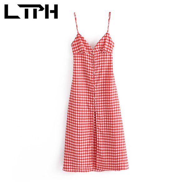 

sweet ins style plaid dress women v-neck backless sleeveless camisole mid-length split elegant dresses summer 210427, Black;gray